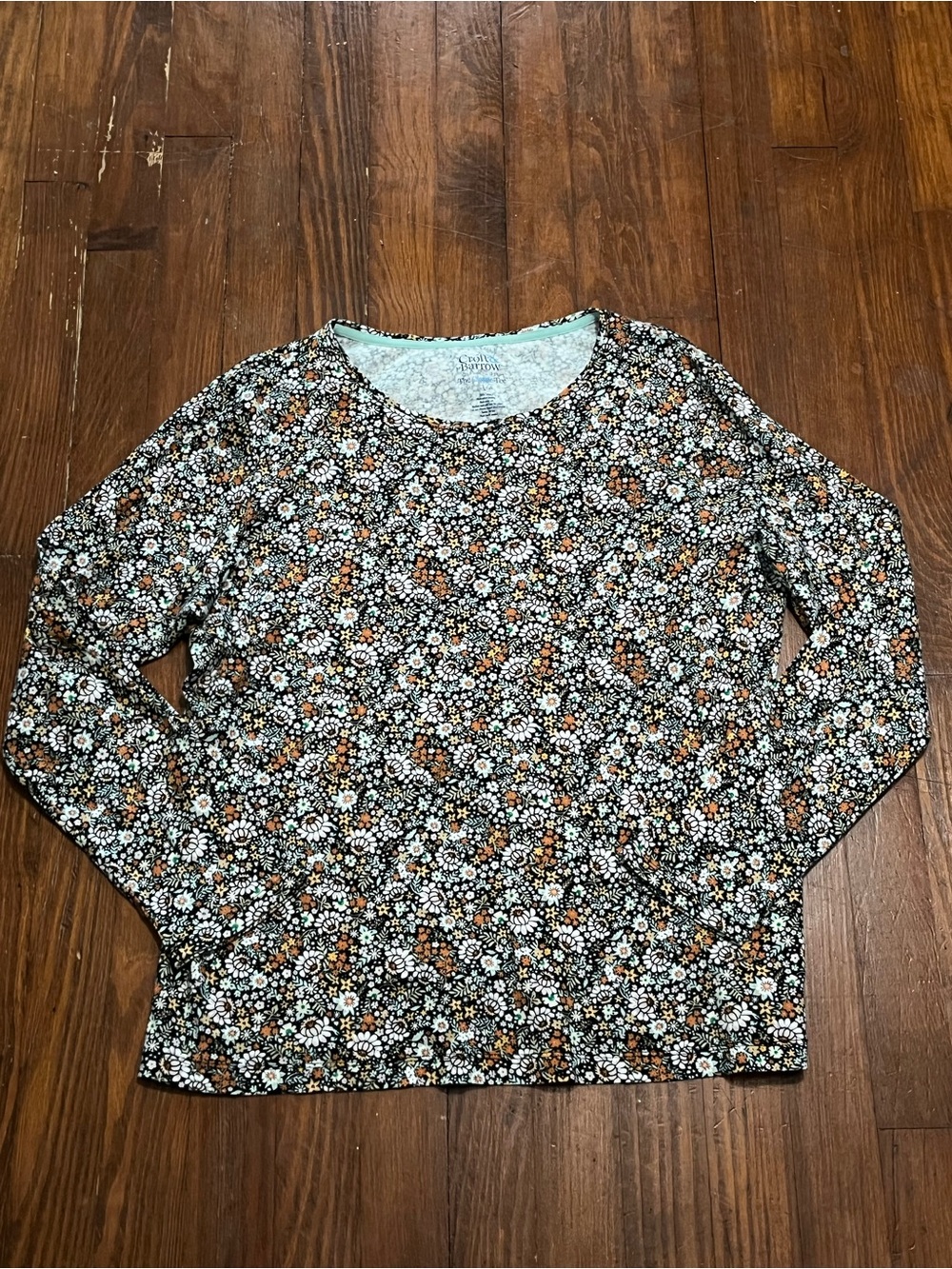 croft & barrow Black Floral Long-Sleeve Crewneck with Orange Accents